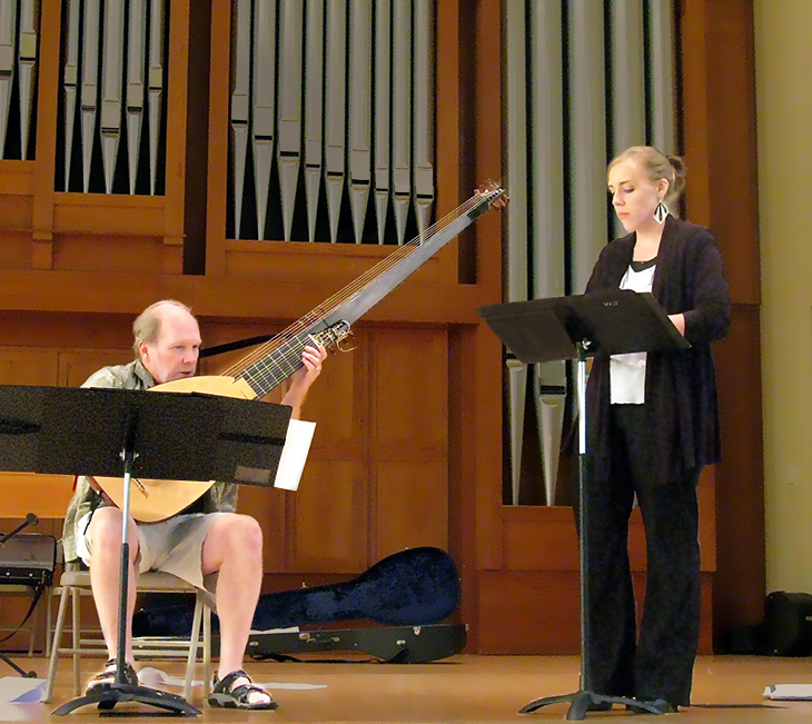 Soprano Leslee Wood and theorbo player rehearsing at the Jewell Early Music Festival.